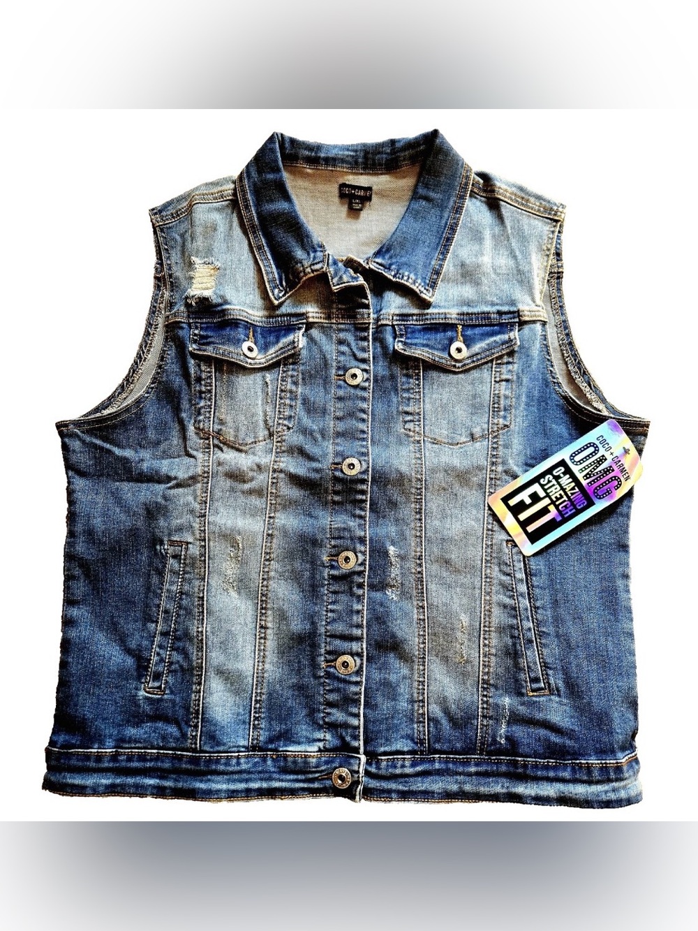 Coco + Carmen Women Teens Juniors Button Vest, Distressed Blue, Size LG/XLG NWT - Picture 3 of 9